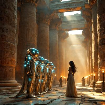 The primary subject of the image is a woman standing in a large, ornate building with a group of robot statues. The setting is a hallway with columns and a stone wall, creating an atmosphere of grandeur and historical significance. The visual style of the image is a combination of photo and digital art, giving it a unique and intriguing appearance. The colors and mood of the image are predominantly warm and inviting, with the woman and the robot statues creating a sense of wonder and curiosity.